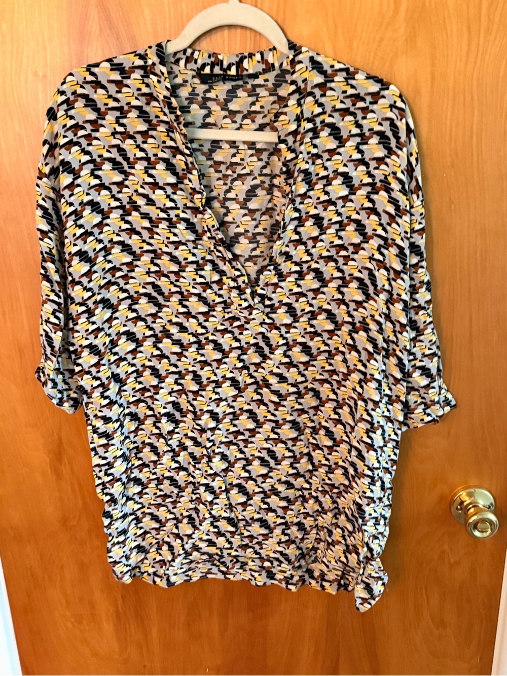 Zara Multi-Color Printed V-Neck Blouse - Black, White & Yellow